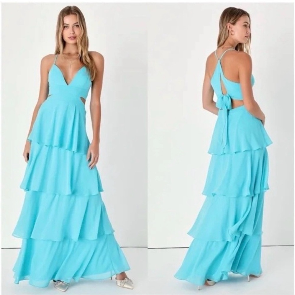 NWT Lulus Tier and Now Blue Tie-Back Tiered Maxi Dress XSmall 0 XS